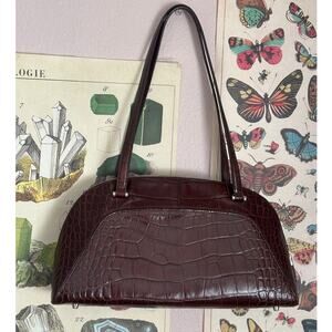 Monsac Brown Genuine Leather Croc Embossed Large Shoulder Bag Purse Zip Closure